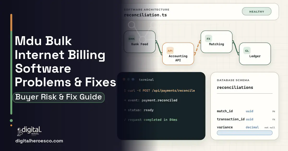 MDU Bulk Internet Billing Software architecture and database illustration showing common problems and fixes.