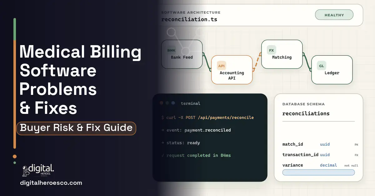 Medical Billing Software architecture and database illustration showing common problems and fixes.
