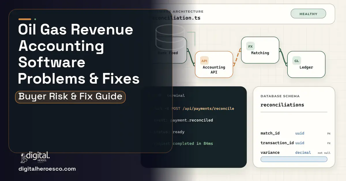 OIL GAS Revenue Accounting Software architecture and database illustration showing common problems and fixes.