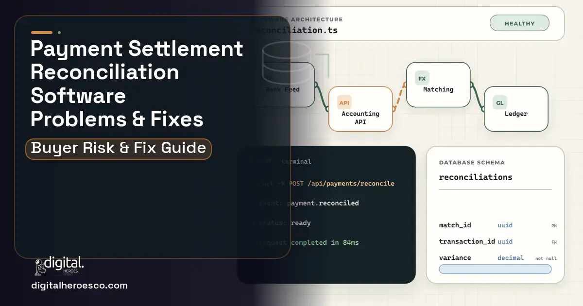 Payment Settlement Reconciliation Software architecture and database illustration showing common problems and fixes.