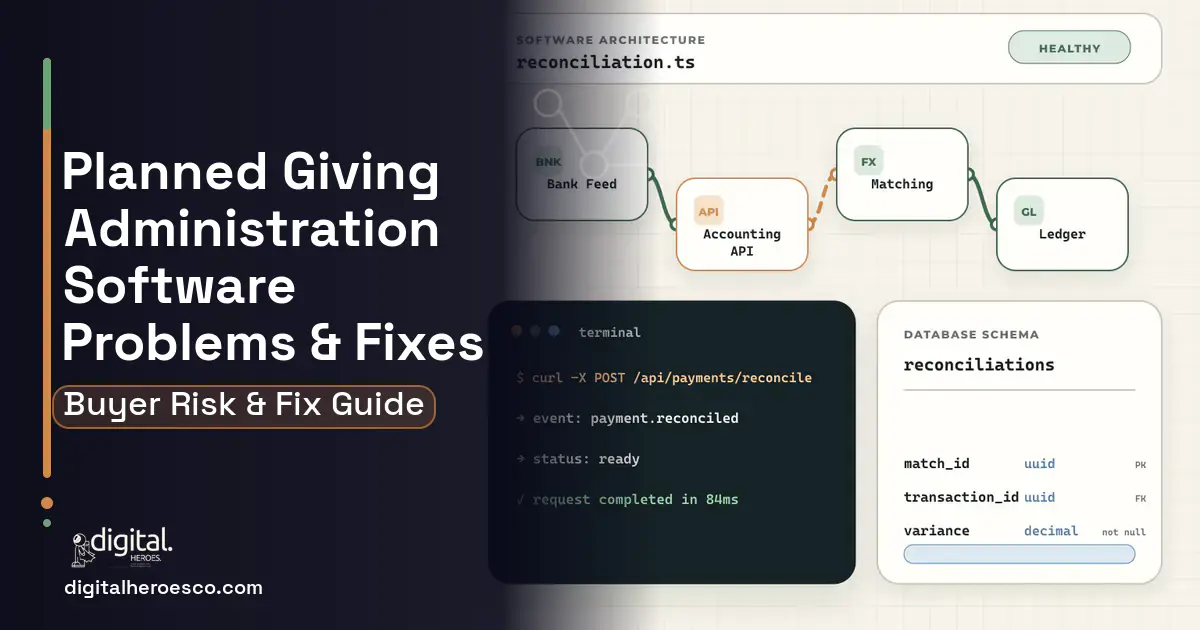 Planned Giving Administration Software architecture and database illustration showing common problems and fixes.