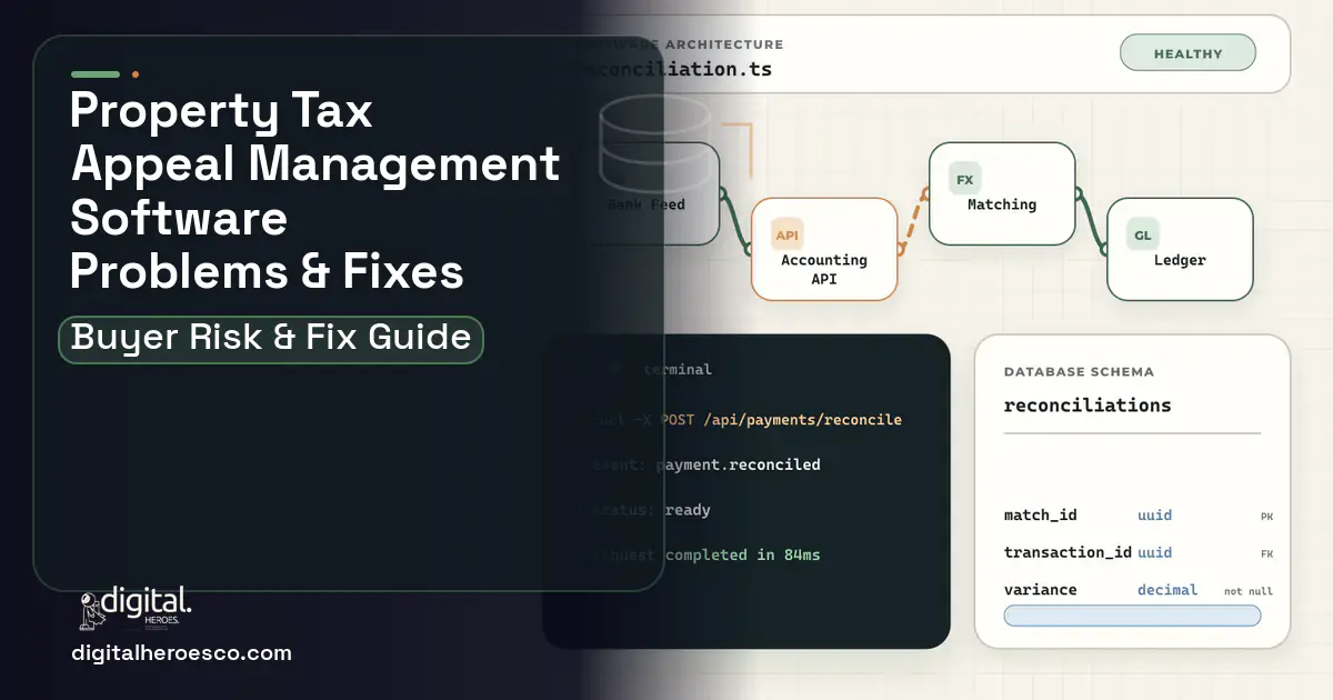 Property TAX Appeal Management Software architecture and database illustration showing common problems and fixes.