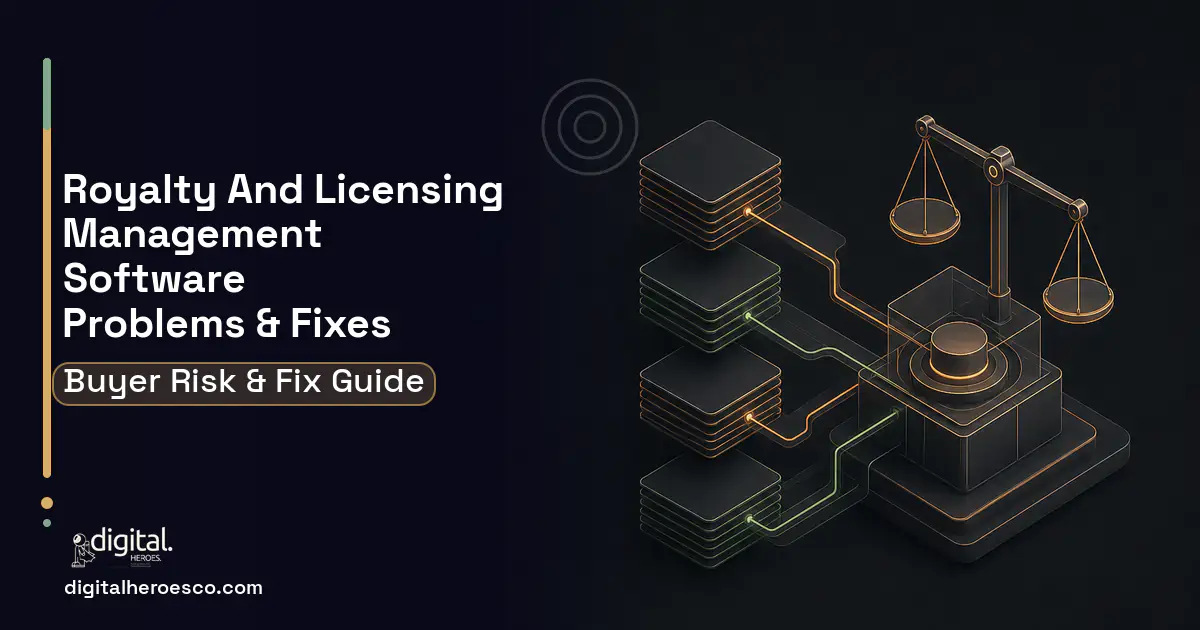 Royalty AND Licensing Management Software software overview illustration showing common problems and fixes.