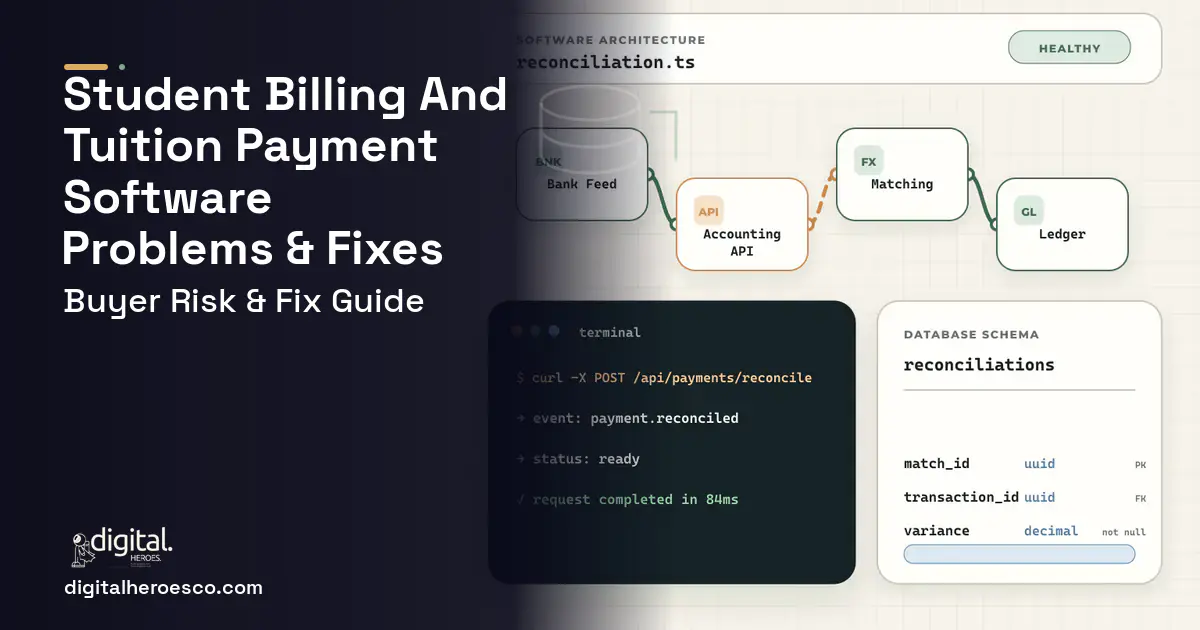 Student Billing AND Tuition Payment Software architecture and database illustration showing common problems and fixes.