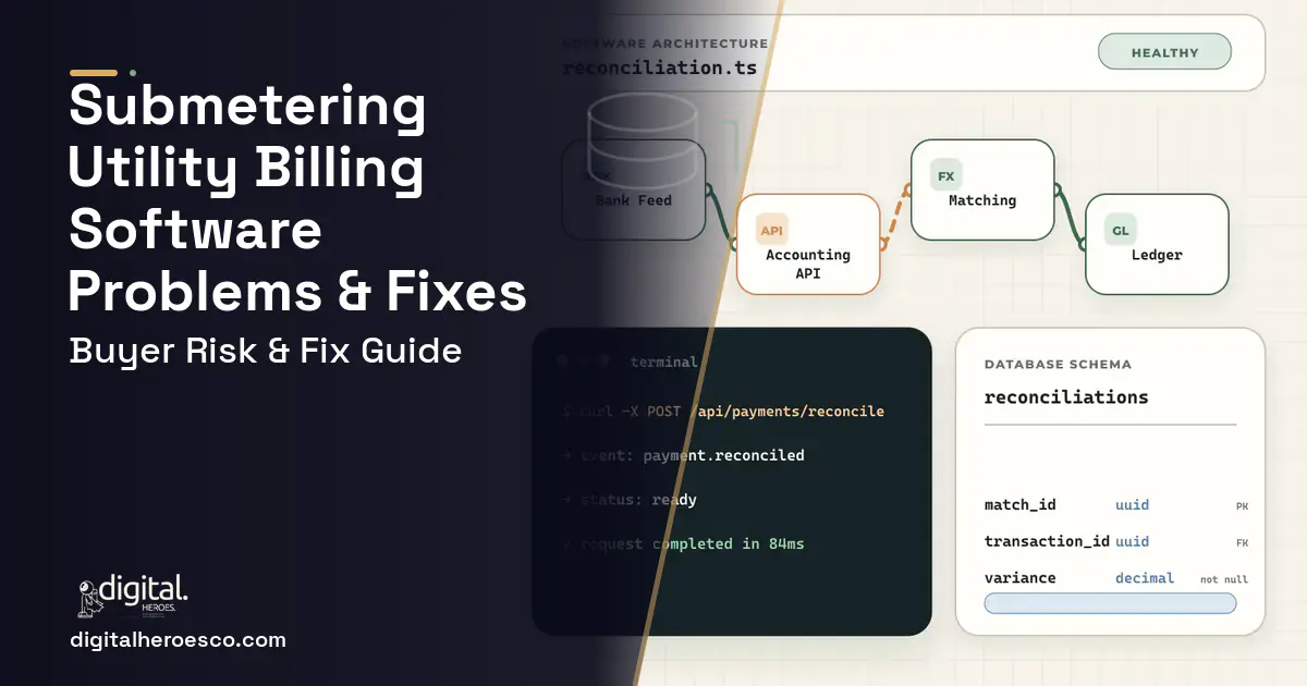 Submetering Utility Billing Software architecture and database illustration showing common problems and fixes.