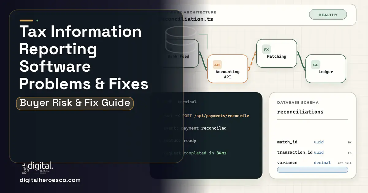 TAX Information Reporting Software architecture and database illustration showing common problems and fixes.
