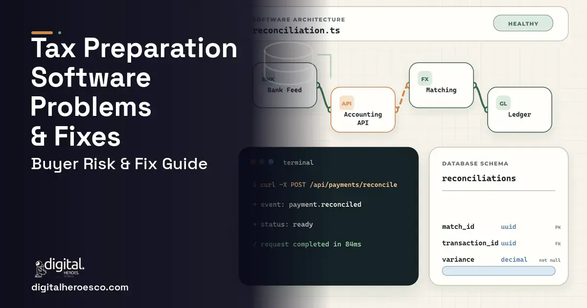 TAX Preparation Software architecture and database illustration showing common problems and fixes.