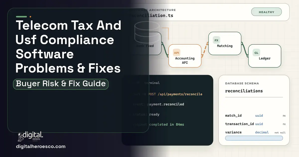 Telecom TAX AND USF Compliance Software architecture and database illustration showing common problems and fixes.