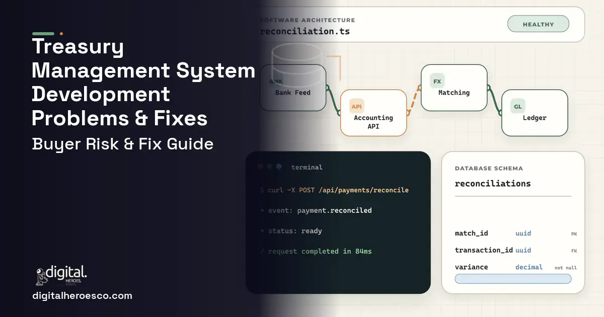 Treasury Management System Development architecture and database illustration showing common problems and fixes.