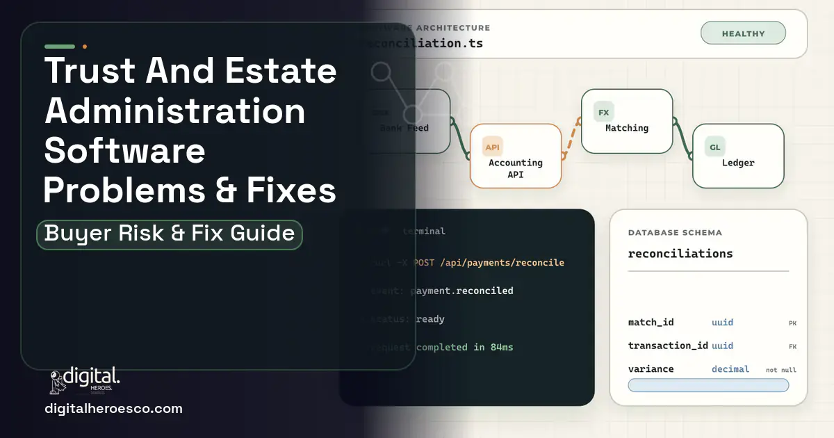 Trust AND Estate Administration Software architecture and database illustration showing common problems and fixes.