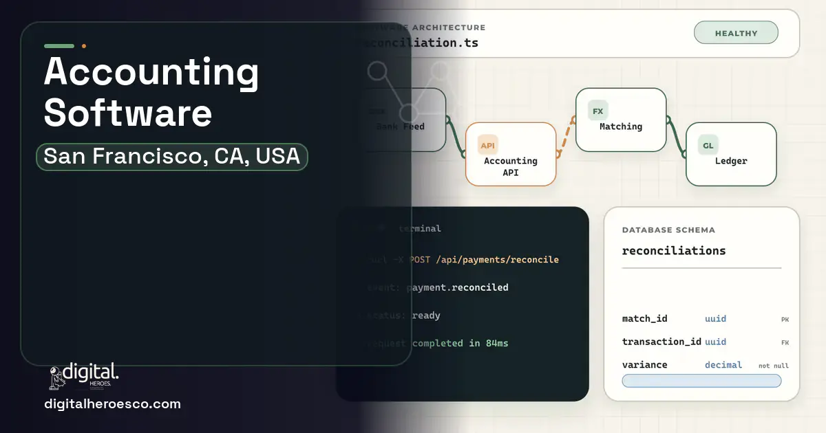 Accounting Software architecture and database illustration for San Francisco, CA, USA.