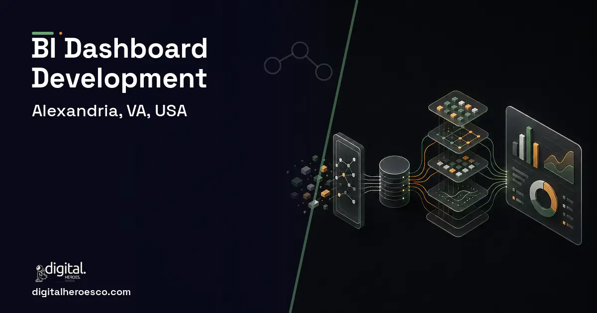 BI Dashboard Development workflow illustration for Alexandria, VA, USA.