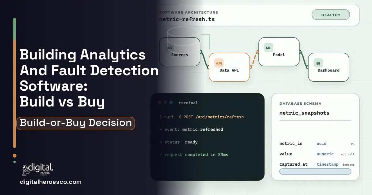 BI Dashboard Development architecture and database illustration for Building Analytics AND Fault Build vs Buy Guide.