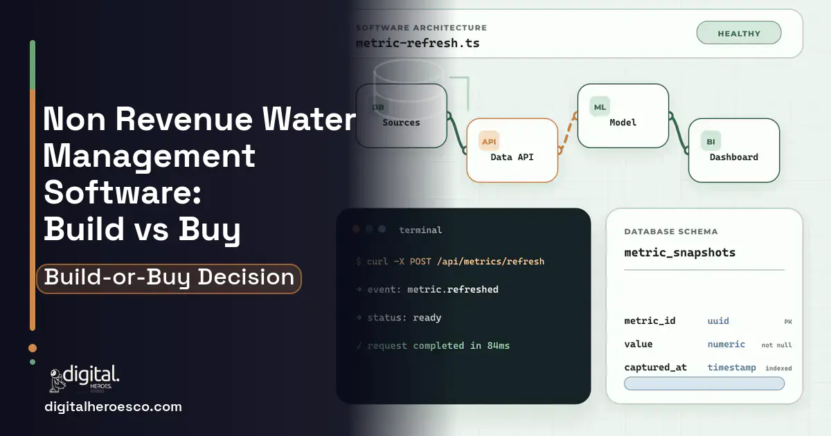 BI dashboard architecture and database illustration for NON Revenue Water Management Software Build vs Buy Guide.