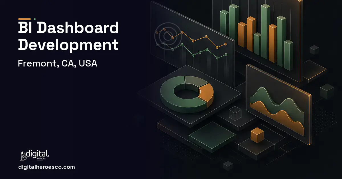 BI Dashboard Development software overview illustration for Fremont, CA, USA.