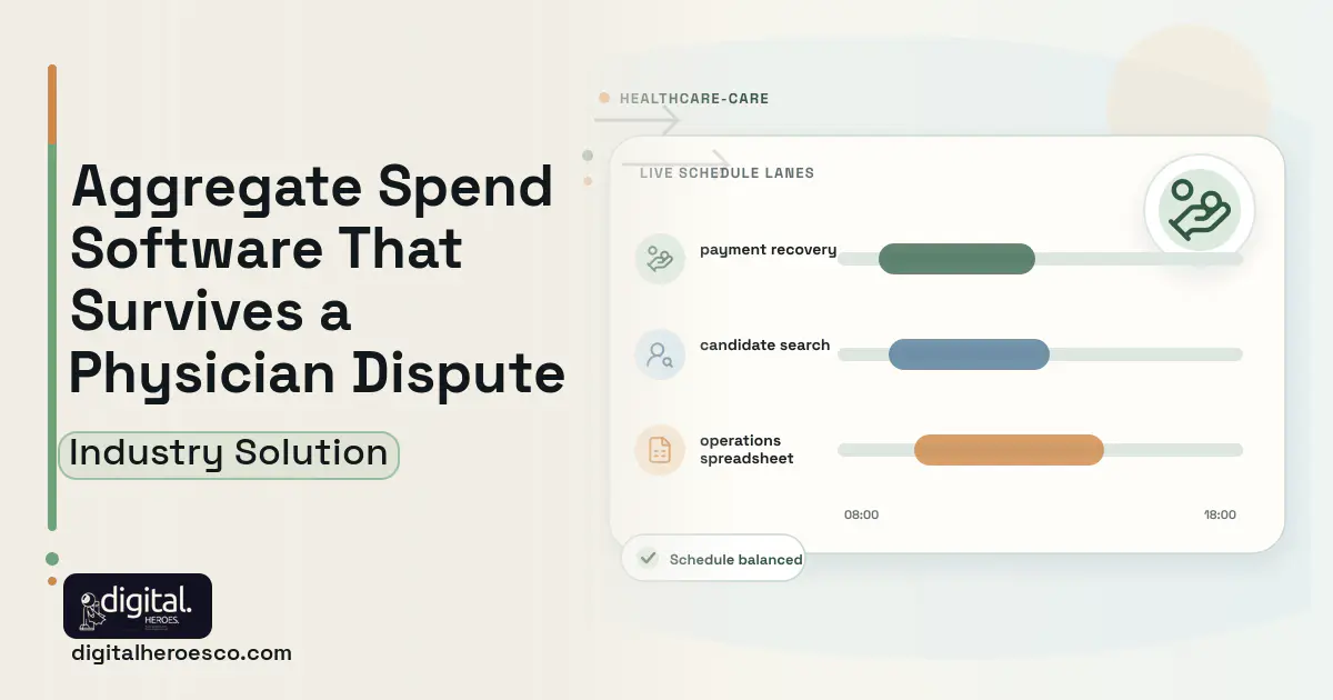 Aggregate Spend Transparency software visual showing payment recovery, candidate search, and operations spreadsheet.