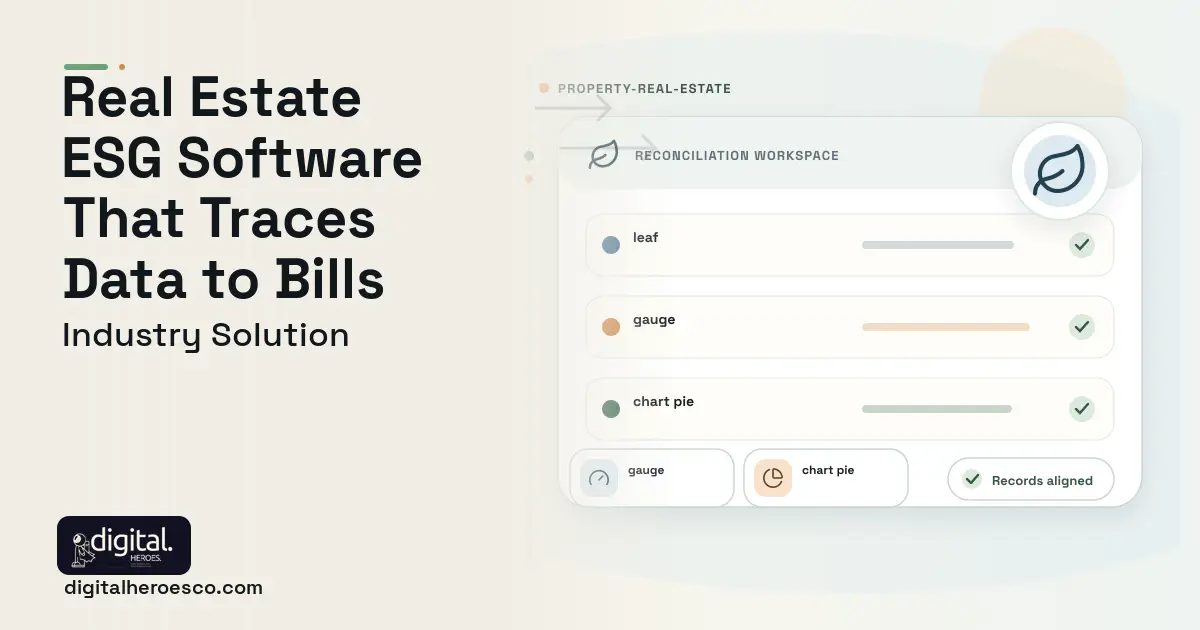 Building Esg Decarbonization Reporting software visual showing leaf, gauge, and chart pie.