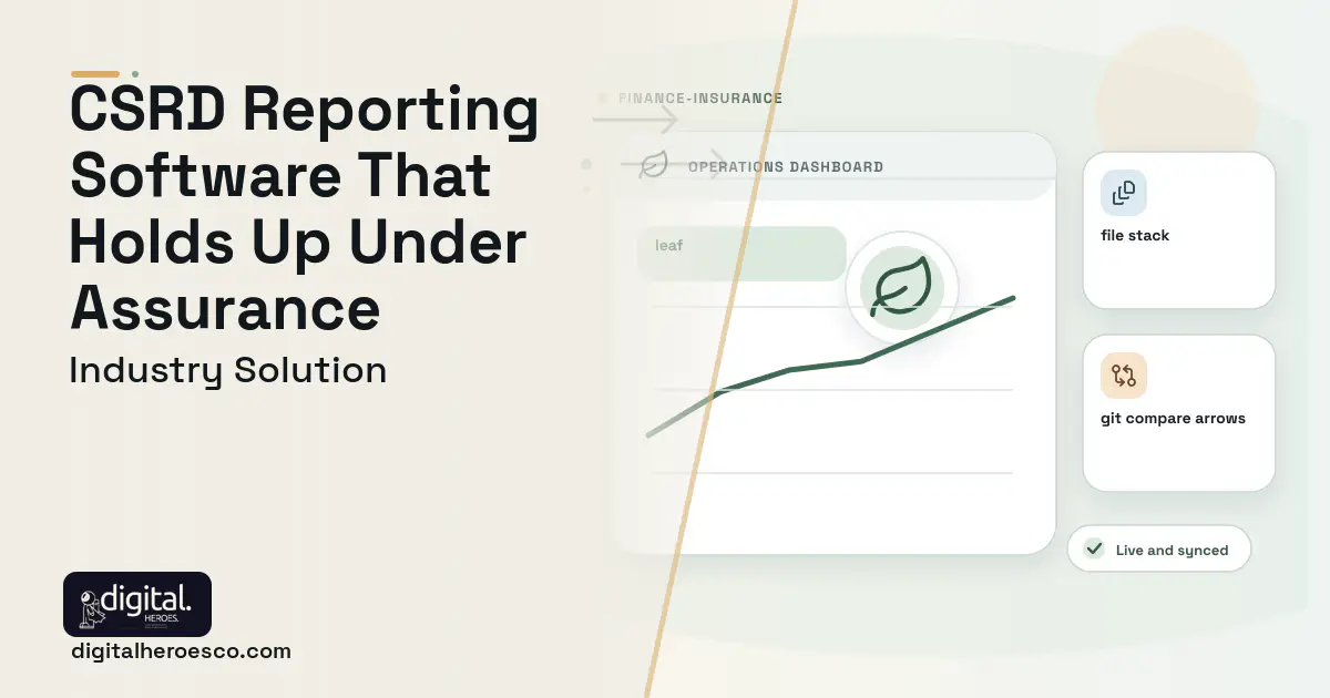 Esg Reporting software visual showing leaf, file stack, and git compare arrows.