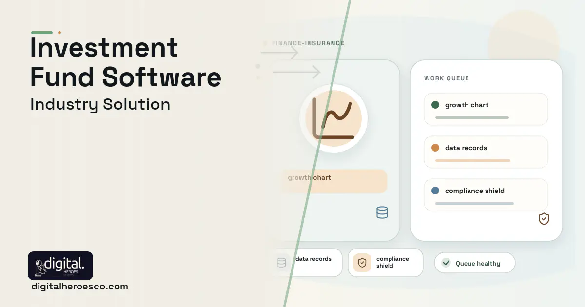 Investment Fund software visual showing growth chart, data records, and compliance shield.