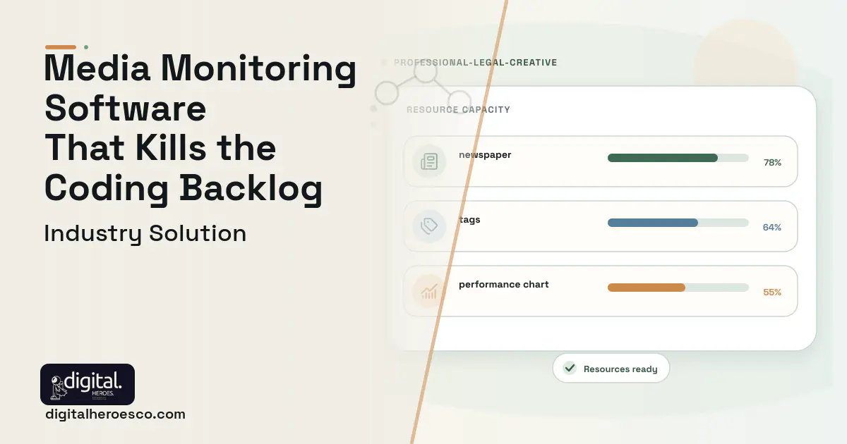 Media Monitoring software visual showing newspaper, tags, and performance chart.