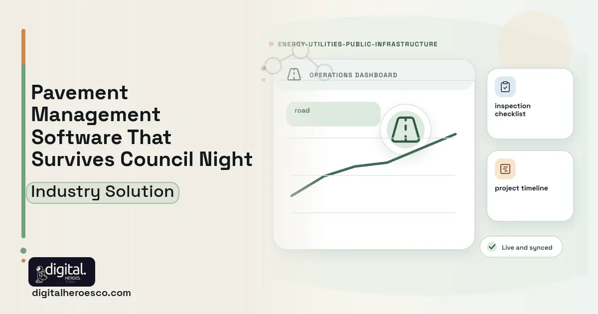 Pavement Management software visual showing road, inspection checklist, and project timeline.
