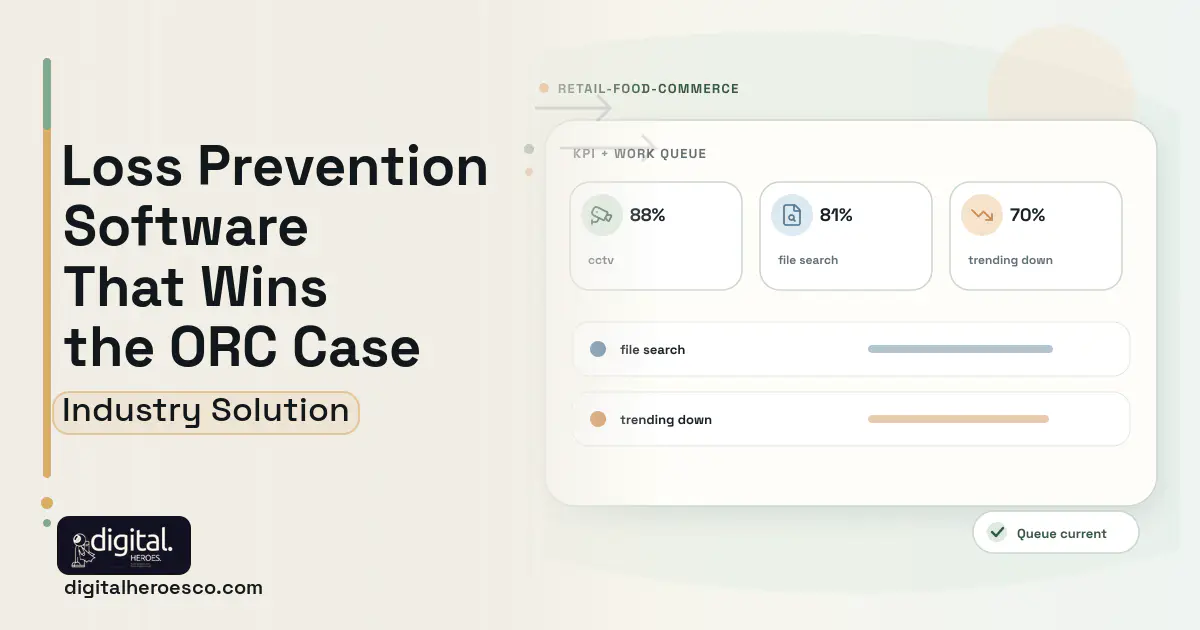 Retail Shrink Loss Prevention software visual showing cctv, file search, and trending down.