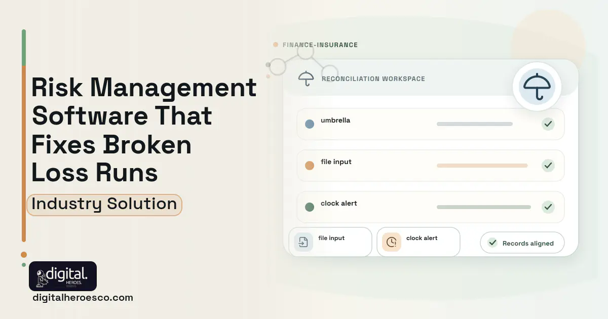 Risk Management Information System software visual showing umbrella, file input, and clock alert.