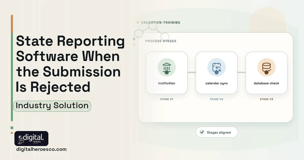 School District State Reporting software visual showing institution, calendar sync, and database check.