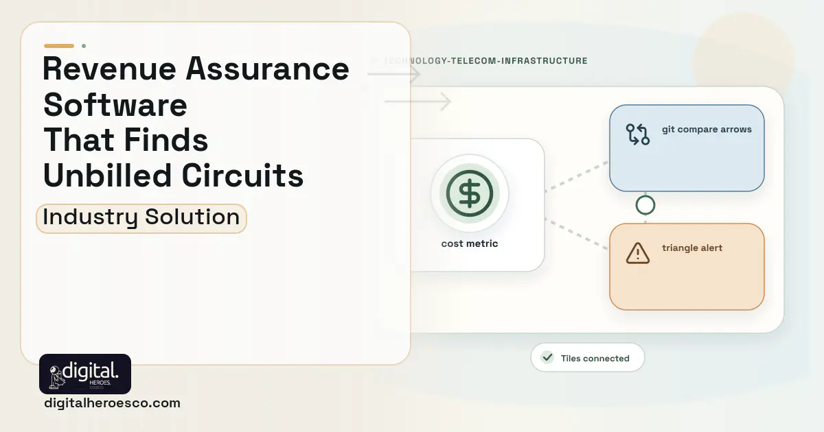 Telecom Revenue Assurance software visual showing cost metric, git compare arrows, and triangle alert.