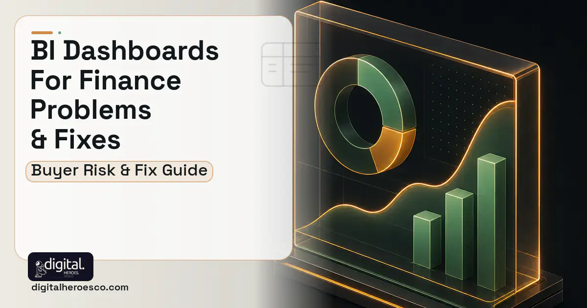 BI Dashboards FOR Finance product interface illustration showing common problems and fixes.