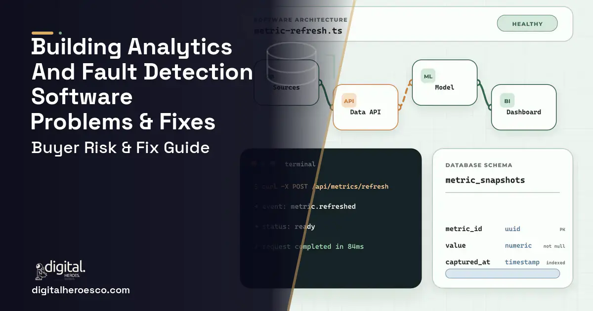 Building Analytics AND Fault Detection architecture and database illustration showing common problems and fixes.