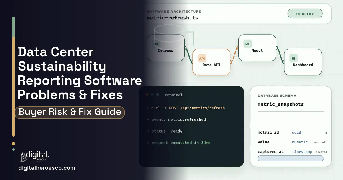 Data Center Sustainability Reporting Software architecture and database illustration showing common problems and fixes.