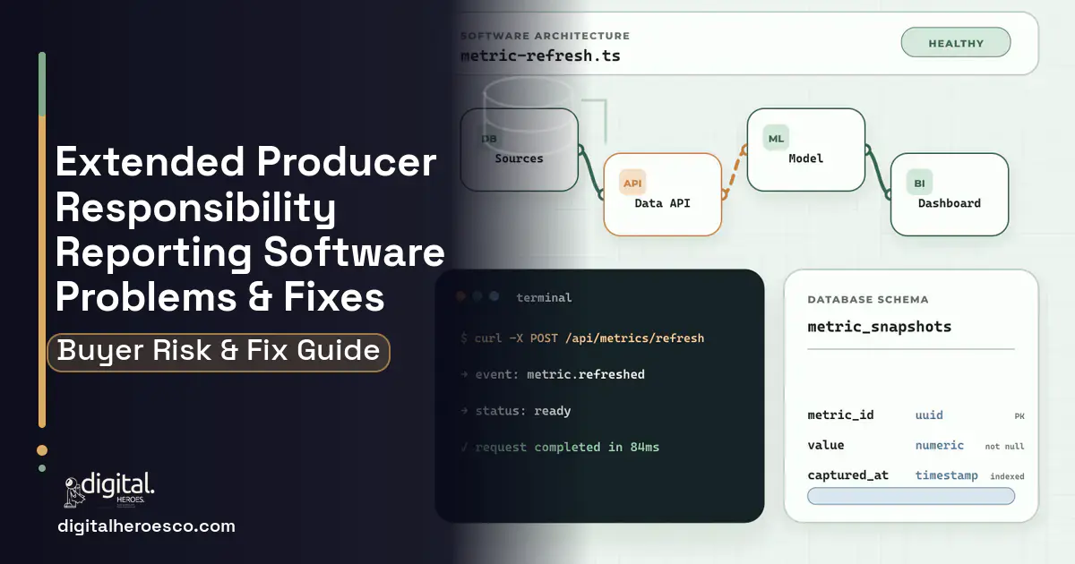 Extended Producer Responsibility Reporting architecture and database illustration showing common problems and fixes.