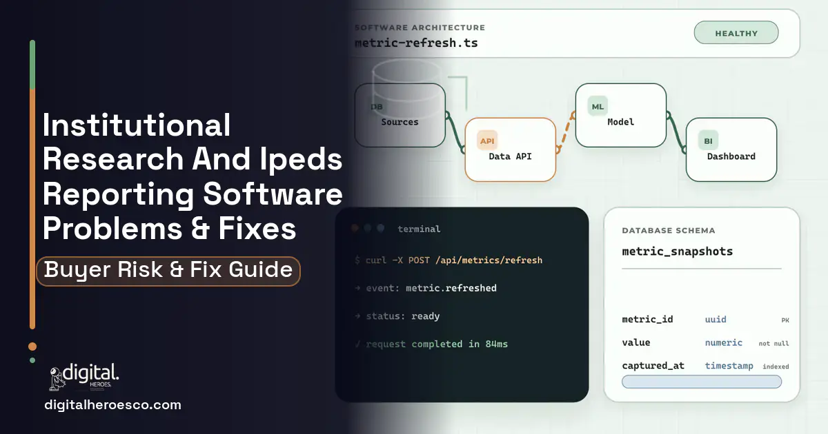 Institutional Research AND Ipeds Reporting architecture and database illustration showing common problems and fixes.