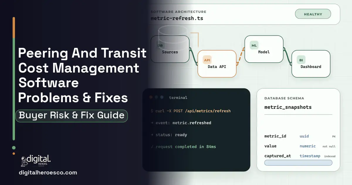 Peering AND Transit Cost Management Software architecture and database illustration showing common problems and fixes.