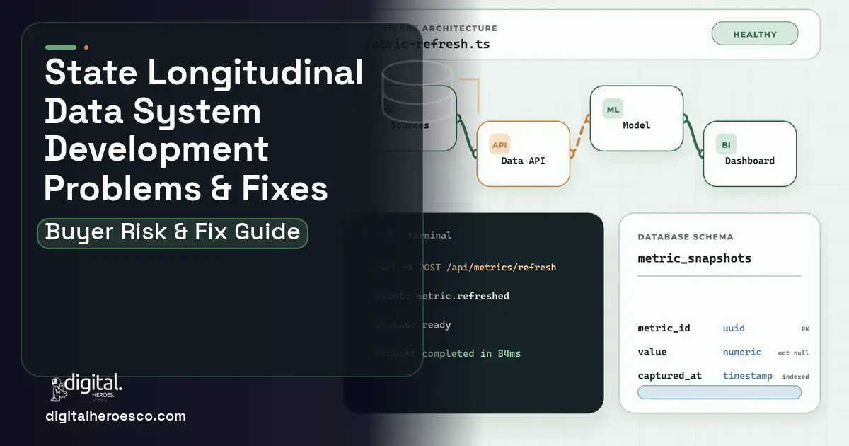 State Longitudinal Data System Development architecture and database illustration showing common problems and fixes.