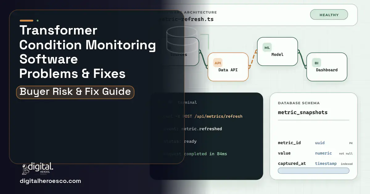Transformer Condition Monitoring Software architecture and database illustration showing common problems and fixes.
