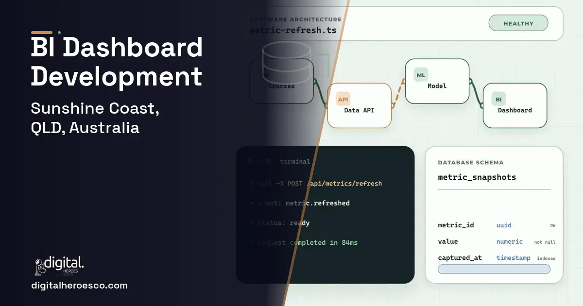 BI Dashboard Development architecture and database illustration for Sunshine Coast, QLD, Australia.