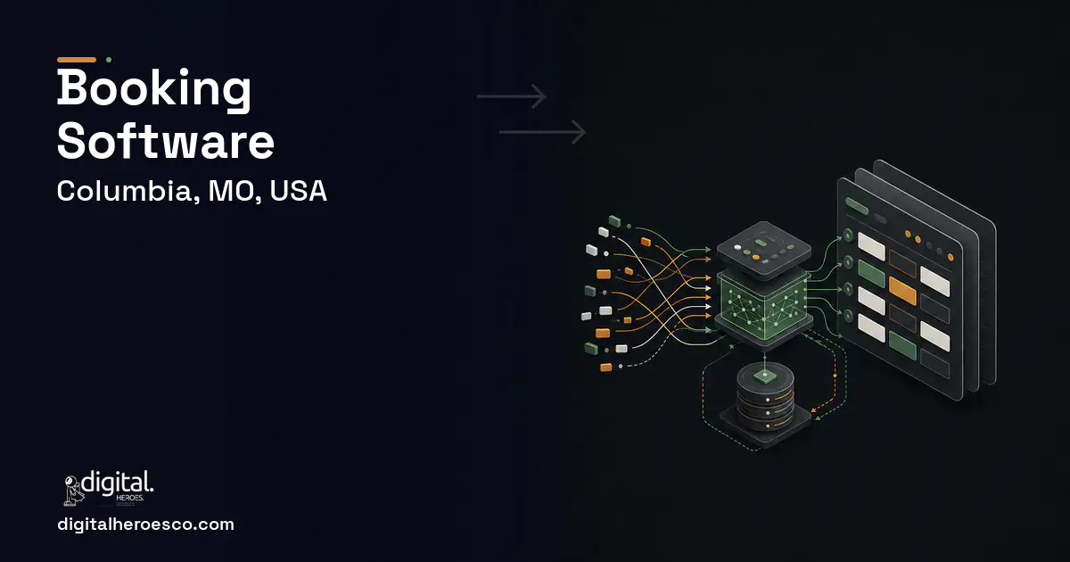 Booking Software workflow illustration for Columbia, MO, USA.