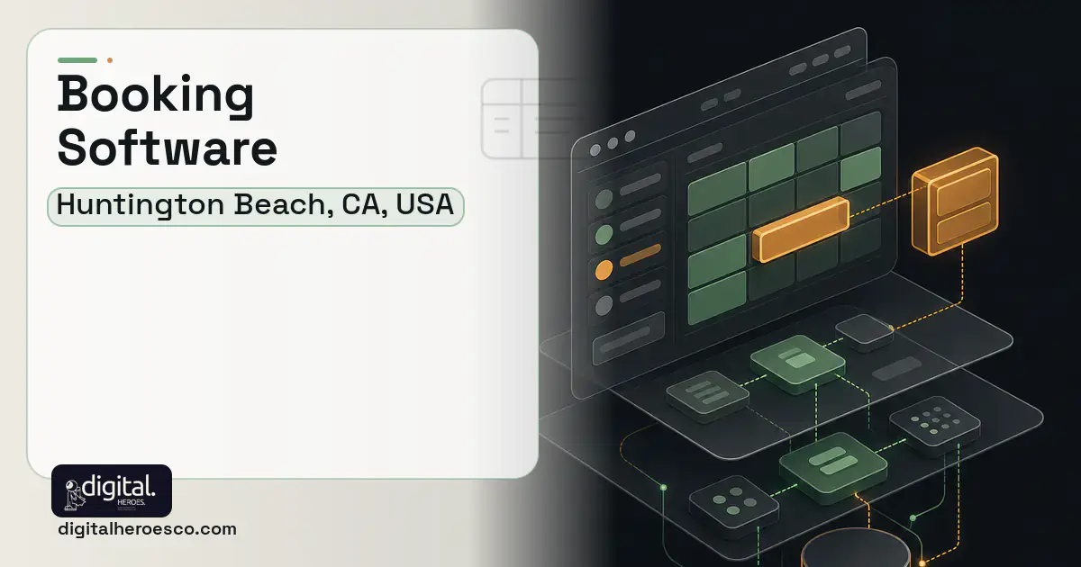Booking Software product interface illustration for Huntington Beach, CA, USA.