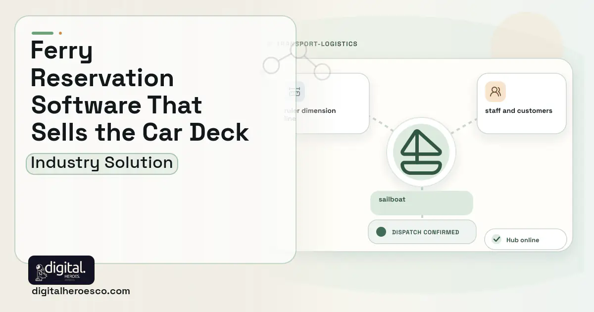 Ferry Operations software visual showing sailboat, ruler dimension line, and staff and customers.