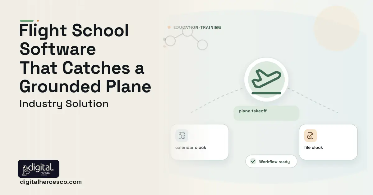Flight School Management software visual showing plane takeoff, calendar clock, and file clock.