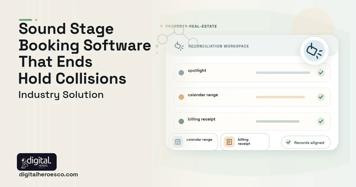 Sound Stage Rental software visual showing spotlight, calendar range, and billing receipt.