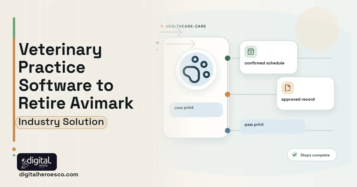 Veterinary Practice software visual showing paw print, confirmed schedule, and approved record.