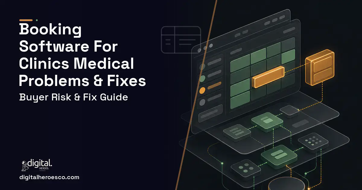 Booking Software FOR Clinics Medical product interface illustration showing common problems and fixes.