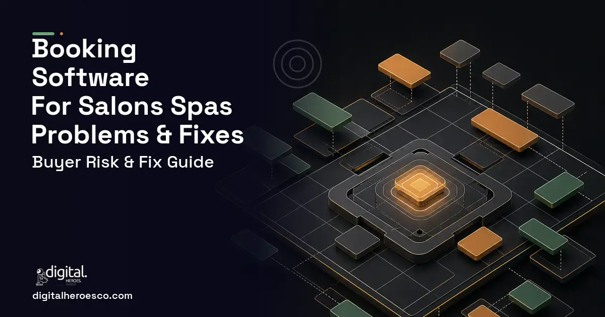 Booking Software FOR Salons Spas software overview illustration showing common problems and fixes.