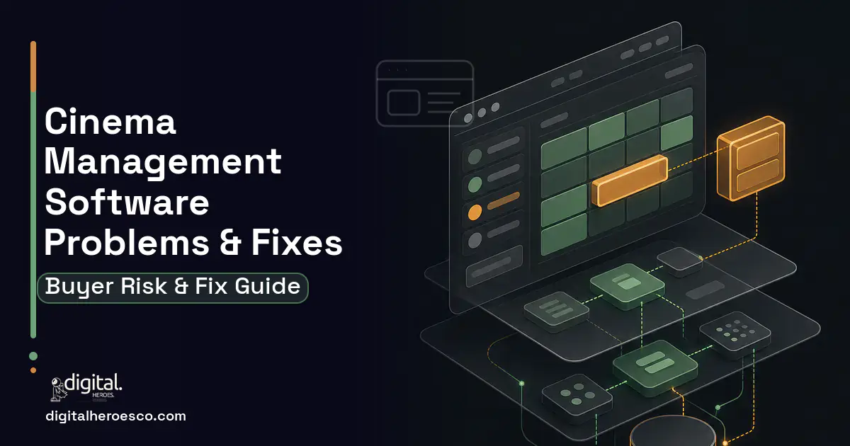 Cinema Management Software product interface illustration showing common problems and fixes.