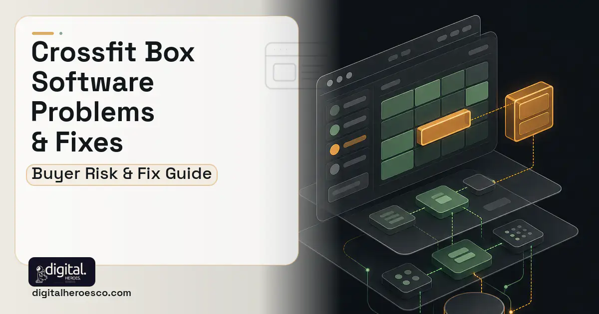 Crossfit BOX Software product interface illustration showing common problems and fixes.