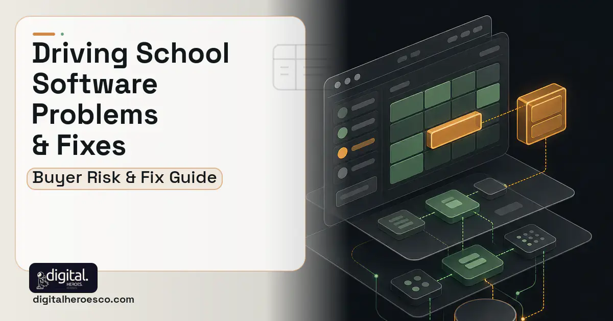 Driving School Software product interface illustration showing common problems and fixes.
