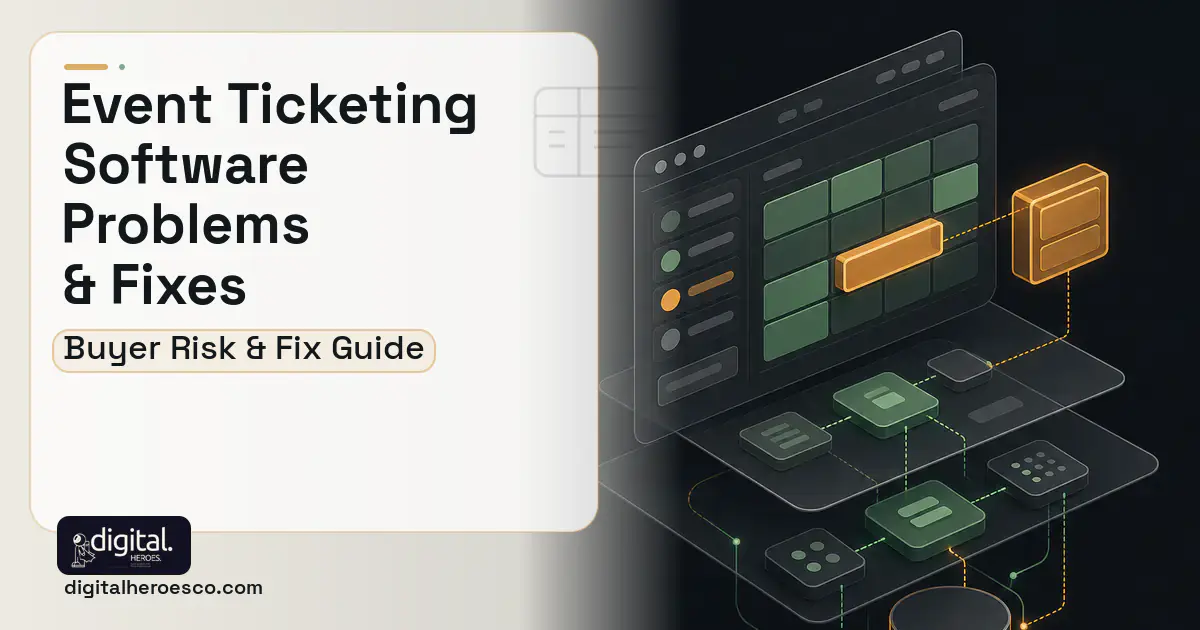 Event Ticketing Software product interface illustration showing common problems and fixes.